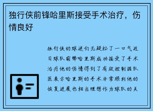 独行侠前锋哈里斯接受手术治疗，伤情良好